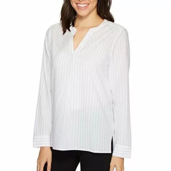 🔺️NYDJ White Pinstripe Button Popover Long Sleeve Top Large - Picture 13 of 14
